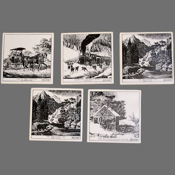 Lot 5 Vintage Currier & Ives Tile Trivet Wall Plaque‎ American Railroad Life In - Picture 1 of 9